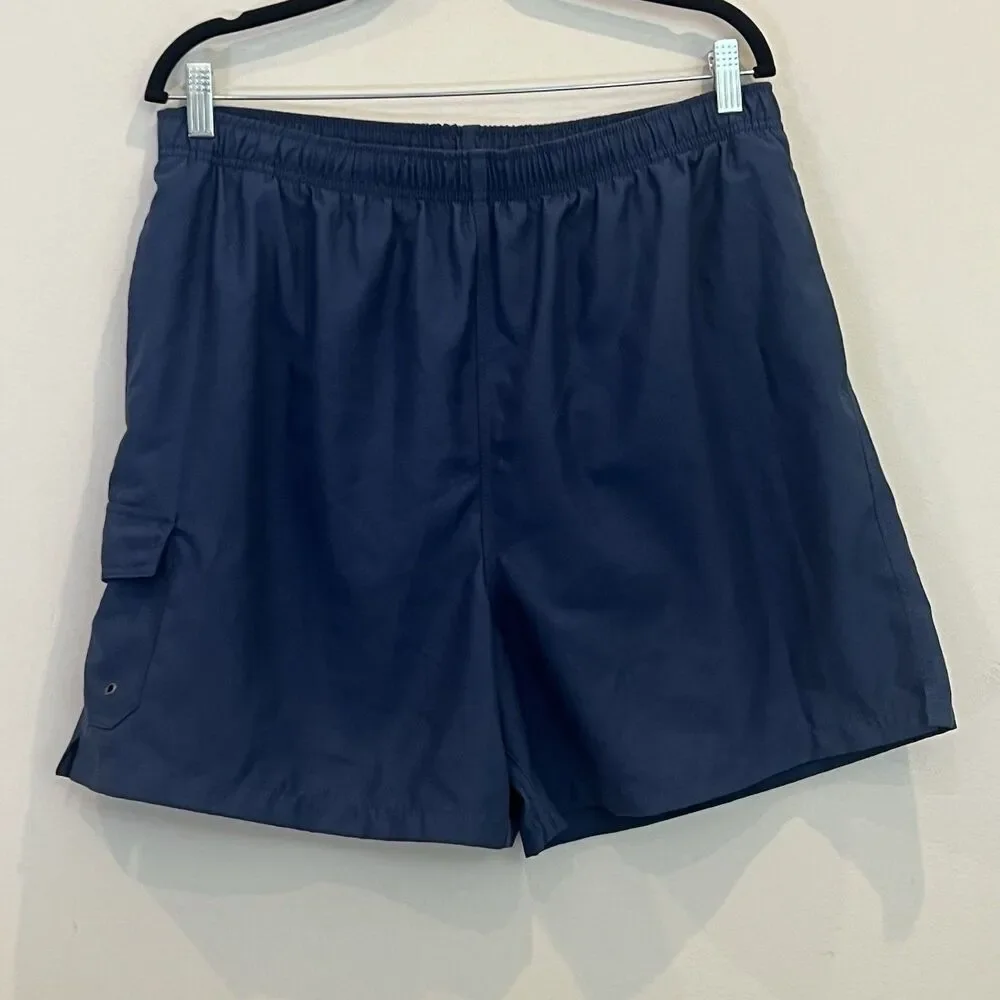 Islander Mens Swim Trunks Shorts Liner Brief Drawstring Pockets Solid Blue L